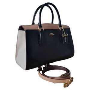 Coach X Selena Gomez Colorblock Satchel Crossbody Bag Purse Leather Black Tan